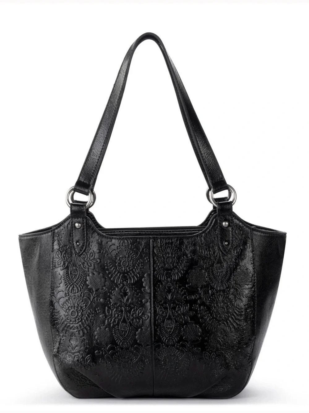 The Sak Bolinas Satchel in Black Floral Embossed Leather